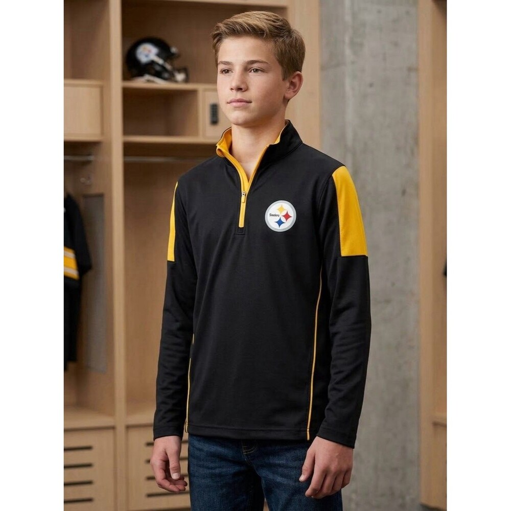 NFL Youth Pittsburgh Steelers Quarter Zip Pullover Shirt Black Gold Size S 8